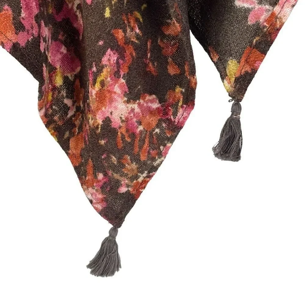Brown with pink & green almost square scarf w 2 tassels on opposite corners